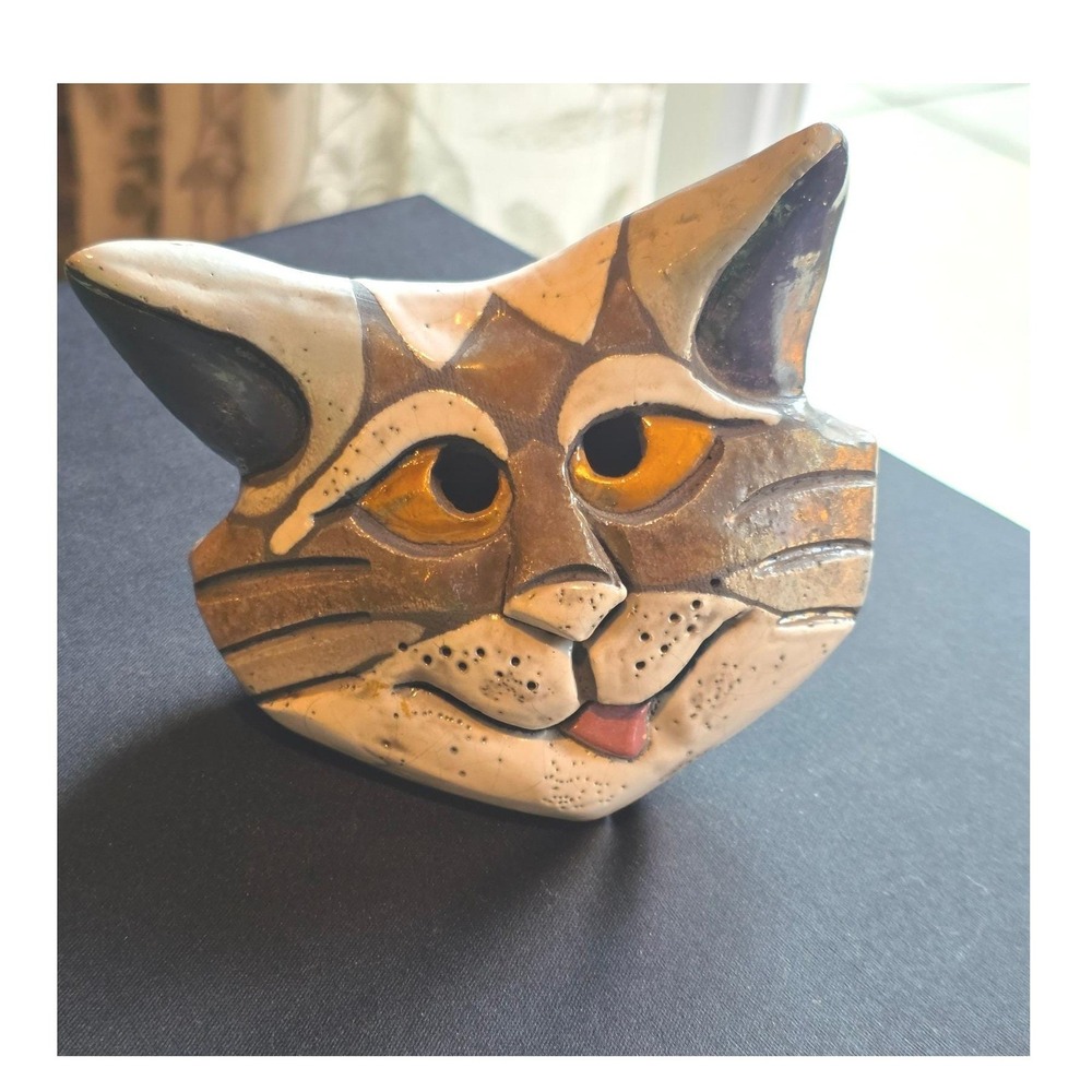 Vintage Studio Cat Face Sculpture, Whimsical Feline Art, Signed Madonik